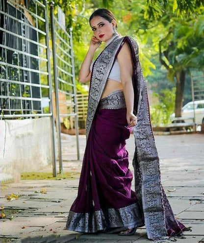Black and Purple Banarasi Soft Silk Saree with Geometric Design and Zari Border