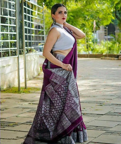 Black and Purple Banarasi Soft Silk Saree with Geometric Design and Zari Border