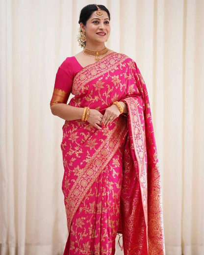 Green and Pink Banarasi Soft Silk Saree with Floral Zari Design and Traditional Border