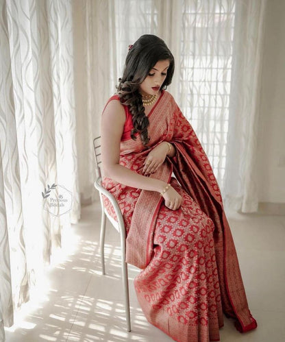 Red Banarasi Soft Silk Saree with Diamond Zari Weaving and Rich Traditional Border