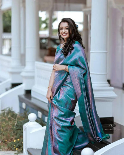 Aqua Blue Banarasi Soft Silk Saree with Dual-Tone Zari Weaving and Elegant Pallu