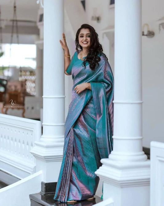 Aqua Blue Banarasi Soft Silk Saree with Dual-Tone Zari Weaving and Elegant Pallu