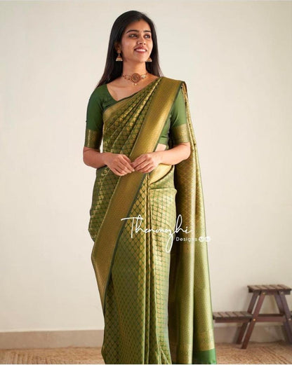 Olive Green Banarasi Soft Silk Saree with Diamond Zari Weaving and Elegant Border