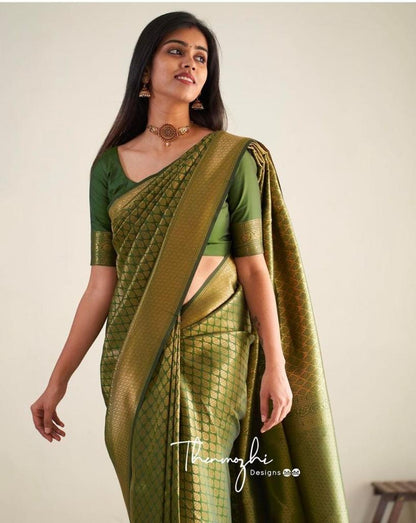 Olive Green Banarasi Soft Silk Saree with Diamond Zari Weaving and Elegant Border