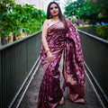 Wine Banarasi Soft Silk Saree with Golden Floral Zari Weaving and Traditional Border