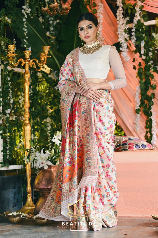 Floral Printed Banarasi Soft Silk Saree with Contrast Zari Border