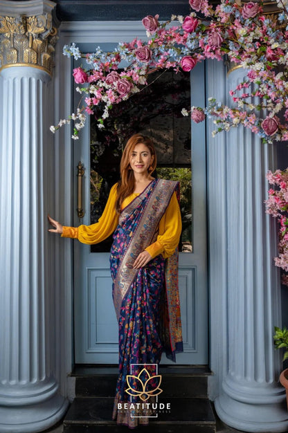 Floral Printed Banarasi Soft Silk Saree with Contrast Zari Border