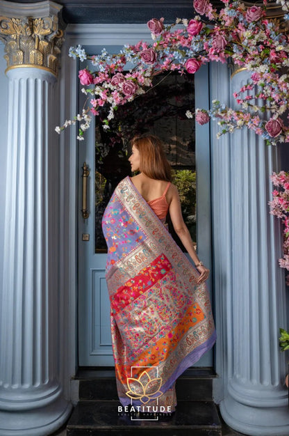 Floral Printed Banarasi Soft Silk Saree with Contrast Zari Border