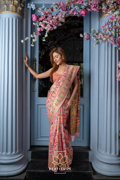Floral Printed Banarasi Soft Silk Saree with Contrast Zari Border