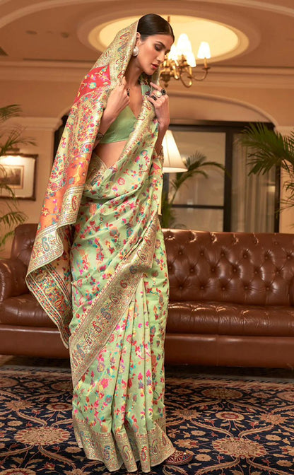 Floral Printed Banarasi Soft Silk Saree with Contrast Zari Border