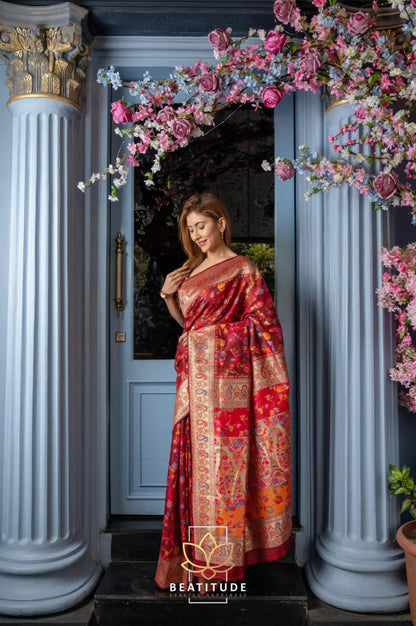Floral Printed Banarasi Soft Silk Saree with Contrast Zari Border