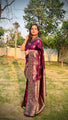 Wine Banarasi Soft Silk Saree with Heavy Golden Zari Weaving and Floral Pallu