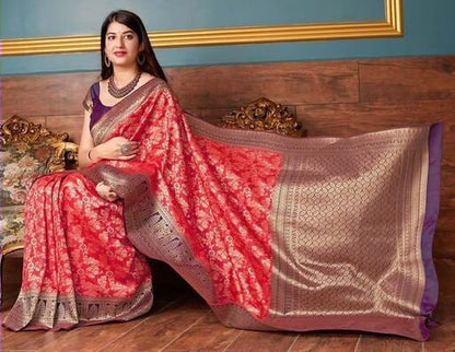 Pink Banarasi Soft Silk Saree with Antique Zari Weaving and Traditional Border