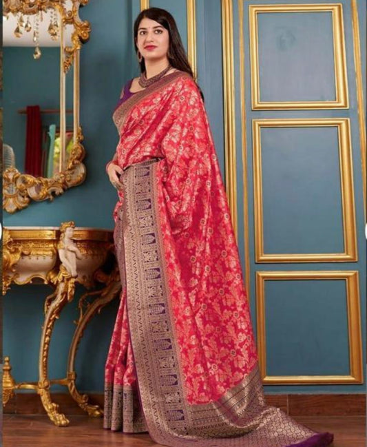 Pink Banarasi Soft Silk Saree with Antique Zari Weaving and Traditional Border