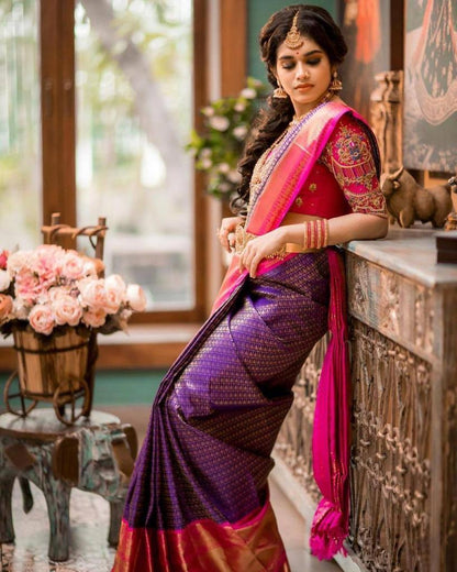 Purple and Pink Banarasi Soft Silk Saree with Rich Golden Zari Weaving and Contrast Border