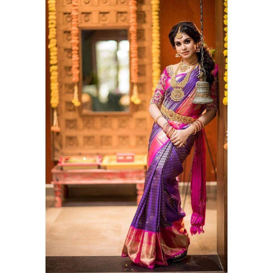 Purple and Pink Banarasi Soft Silk Saree with Rich Golden Zari Weaving and Contrast Border