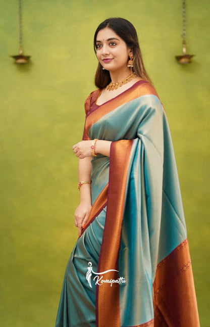 Kovai Pattu Silk Saree Collection – Beige, Teal Blue & Mustard with Rich Zari Border and Contrast Blouse