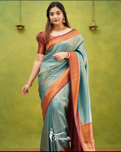 Kovai Pattu Silk Saree Collection – Beige, Teal Blue & Mustard with Rich Zari Border and Contrast Blouse