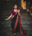 Black and Maroon Banarasi Soft Silk Saree with Golden Zari Border and Rich Pallu