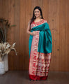 Teal Green Banarasi Soft Silk Saree with Red Temple Zari Border and Pattachitra Motif Pallu