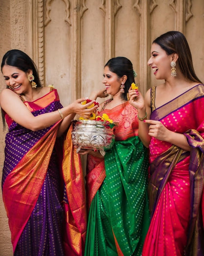 Kanjivaram Banarasi Soft Silk Saree Collection with Rich Zari Border & Contrast Dual-Tone Design