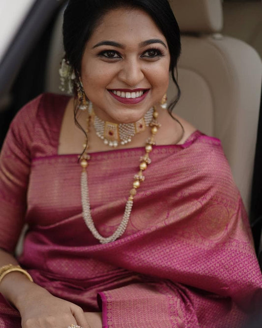 Wine Pink Banarasi Soft Silk Saree with Circle Zari Weaving and Traditional Border