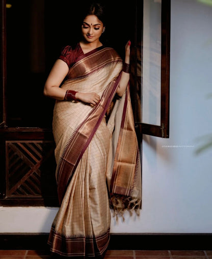 Cream and Maroon Banarasi Soft Silk Saree with Checked Zari Weaving and Contrast Border