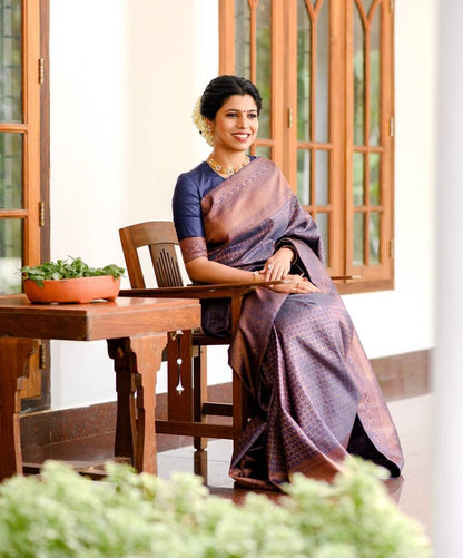 Brown and Navy Blue Banarasi Soft Silk Saree with Traditional Zari Border and Subtle Geometric Weaving