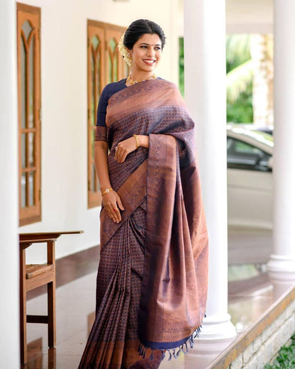 Brown and Navy Blue Banarasi Soft Silk Saree with Traditional Zari Border and Subtle Geometric Weaving