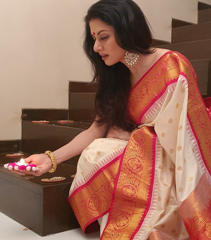 Cream and Red Banarasi Soft Silk Saree with Gold Zari Weaving and Rich Pallu