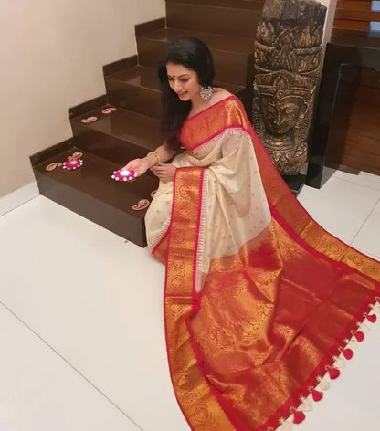 Cream and Red Banarasi Soft Silk Saree with Gold Zari Weaving and Rich Pallu
