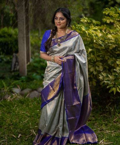 Silver and Royal Blue Banarasi Soft Silk Saree with Zari Weaving and Rich Contrast Pallu