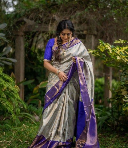 Silver and Royal Blue Banarasi Soft Silk Saree with Zari Weaving and Rich Contrast Pallu