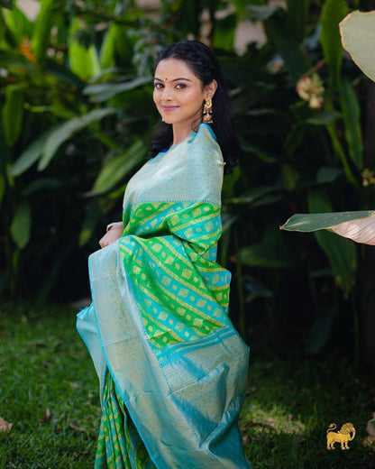 Aqua Green Banarasi Soft Silk Saree with Diamond Zari Weaving and Contrast Royal Blue Blouse