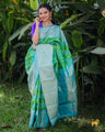 Aqua Green Banarasi Soft Silk Saree with Diamond Zari Weaving and Contrast Royal Blue Blouse