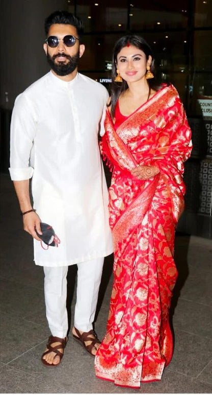 Royal Red Banarasi Soft Silk Saree with Golden Zari Floral Weaving and Rich Traditional Pallu