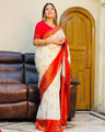 Classic White Banarasi Soft Silk Saree with Red Zari Border and Golden Butta Weaving