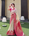Ivory Cream Banarasi Soft Silk Saree with Pink Zari Border and Heavy Pallu Weaving