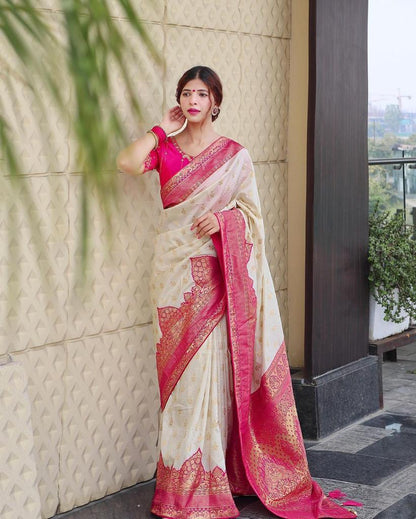 Ivory Cream Banarasi Soft Silk Saree with Pink Zari Border and Heavy Pallu Weaving