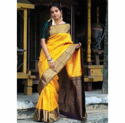 Golden Yellow Banarasi Soft Silk Saree with Antique Brown Zari Border and Rich Pallu