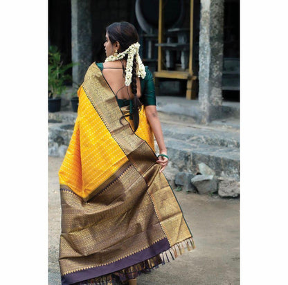 Golden Yellow Banarasi Soft Silk Saree with Antique Brown Zari Border and Rich Pallu