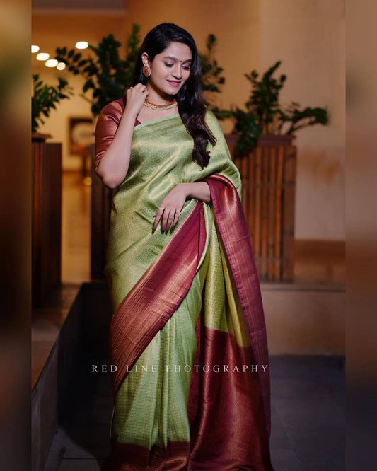 Olive Green Banarasi Soft Silk Saree with Wine Copper Zari Border and Contras