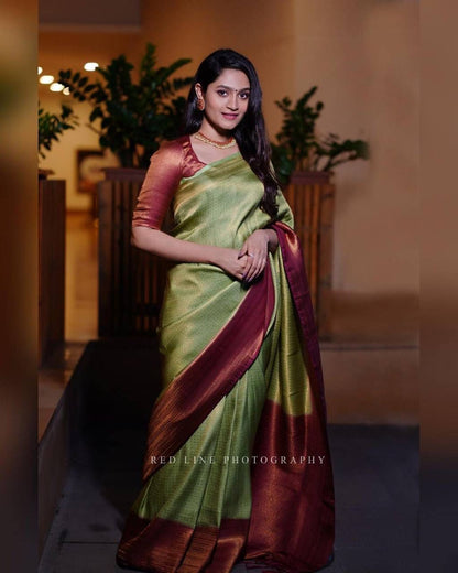 Olive Green Banarasi Soft Silk Saree with Wine Copper Zari Border and Contras