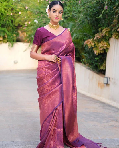 Plum Purple Banarasi Soft Silk Saree with Rose Gold Zari Weaving and Contrast Border
