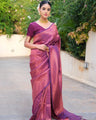 Plum Purple Banarasi Soft Silk Saree with Rose Gold Zari Weaving and Contrast Border