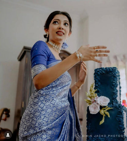 Midnight Blue Banarasi Soft Silk Saree with Silver Zari Weaving and Rich Pallu