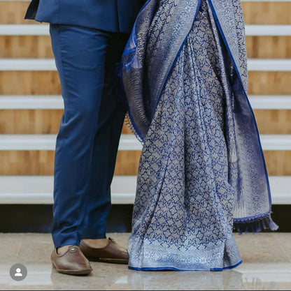 Midnight Blue Banarasi Soft Silk Saree with Silver Zari Weaving and Rich Pallu