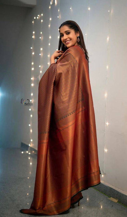 Coffee Brown Banarasi Soft Silk Saree with Golden Zari Weaving and Rich Pallu
