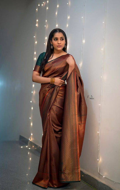 Coffee Brown Banarasi Soft Silk Saree with Golden Zari Weaving and Rich Pallu