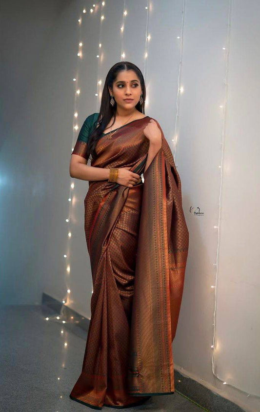 Coffee Brown Banarasi Soft Silk Saree with Golden Zari Weaving and Rich Pallu